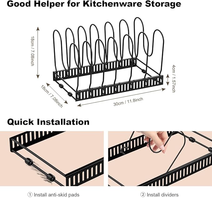 Housolution Pot and Pan Organizer Rack for Cabinet, Pot Lid Organizer with 7 Adjustable Dividers, Pan Holder Storage Rack for Kitchen Cabinet, Black - Image 5