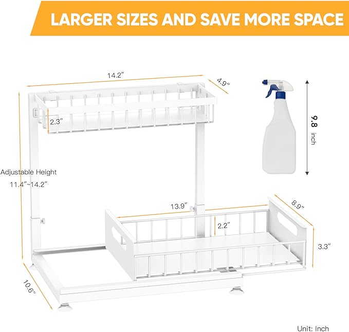 Saydear Under Sink Organizer Storage 2-Tier Premium Metal Pull-Out Kitchen Cabinet Organizer with Sliding Drawer, Height Adjustable, Heavy Duty for Kitchen & Bathroom Organizers 1 Pack White - Image 7