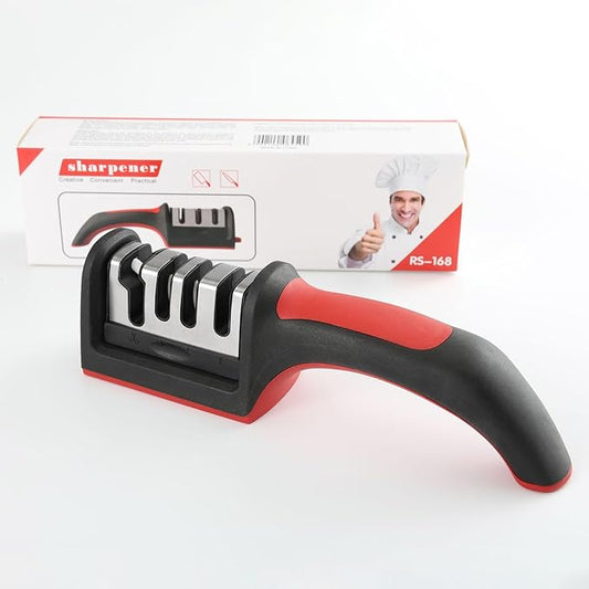 4-in-1 Kitchen Knife Sharpener, Professional Grade with Tungsten Steel and Ceramic Slots, Scissor Sharpening, Black/Red by Unknown