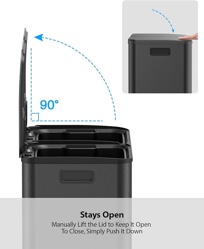 Lovewind Dual Trash and Recycling Bins for Kitchen, 2 * 11-Gallon Stainless Steel Double Trash Can, Step-On Garbage and Recycle Combo, Quiet Close, Pet-Proof, Compatible with 13-Gallon Bags, Black - Image 7