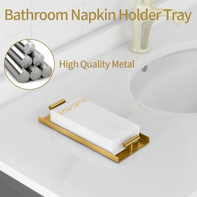 STWWO Napkin Holder for Bathroom, Guest Towel Holder Tray for Bathroom, Gold Guest Napkin Holders with T-Handle, Disposable Hand Towel Tray for Guest Room, Table, Kitchen (Pack of 2)