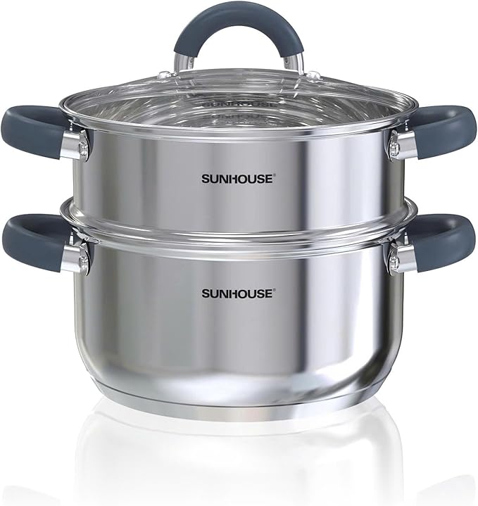 SUNHOUSE 3 Quarts Steamer Pots With Lid, 2-Tier Multipurpose Stainless Steel Steaming Pot Cookware With Stay-Cool Handles, Tri-ply Bottom, Compatible with All Cooktops by SUNHOUSE