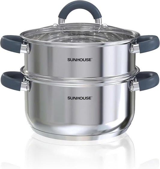SUNHOUSE 3 Quarts Steamer Pots With Lid, 2-Tier Multipurpose Stainless Steel Steaming Pot Cookware With Stay-Cool Handles, Tri-ply Bottom, Compatible with All Cooktops by SUNHOUSE