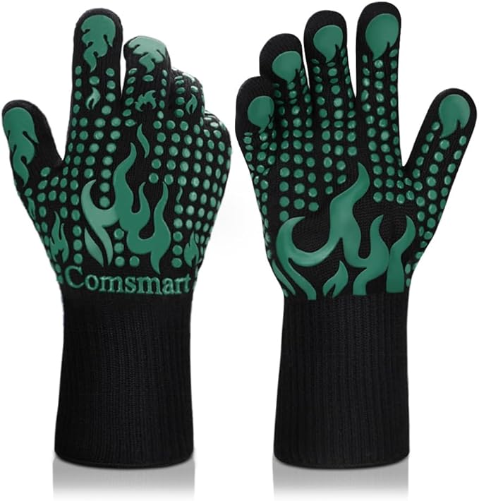 Comsmart BBQ Gloves, 1472°F Heat Resistant Grilling Gloves Silicone Non-Slip Oven Gloves Long Kitchen Gloves for Barbecue, Cooking, Baking, Short, Green by Comsmart