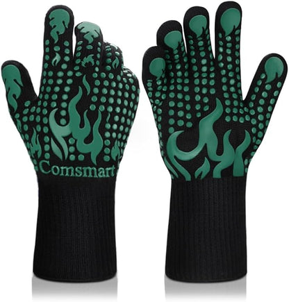 Comsmart BBQ Gloves, 1472°F Heat Resistant Grilling Gloves Silicone Non-Slip Oven Gloves Long Kitchen Gloves for Barbecue, Cooking, Baking, Short, Green by Comsmart