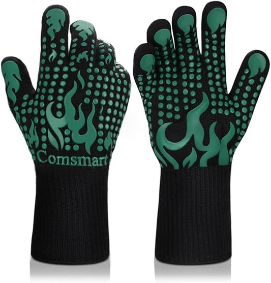 Comsmart BBQ Gloves, 1472°F Heat Resistant Grilling Gloves Silicone Non-Slip Oven Gloves Long Kitchen Gloves for Barbecue, Cooking, Baking, Short, Green by Comsmart