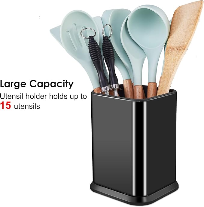 RedCall Stainless Steel Kitchen Utensil Holder for Countertop, Spoon Spatula Organizer,Modern Rectangular Large Cooking Utensil Caddy Counter,Utensil Crock (Stainless Steel Black) - Image 2