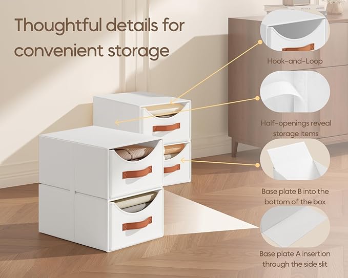 Homsorout Stackable Storage Drawers - Collapsible Storage Bins with Drawers, 4 Pack Closet Shelf Organizer Basket, Fabric Pull Out Organizer for Bedroom, Living Room, Dorm, White