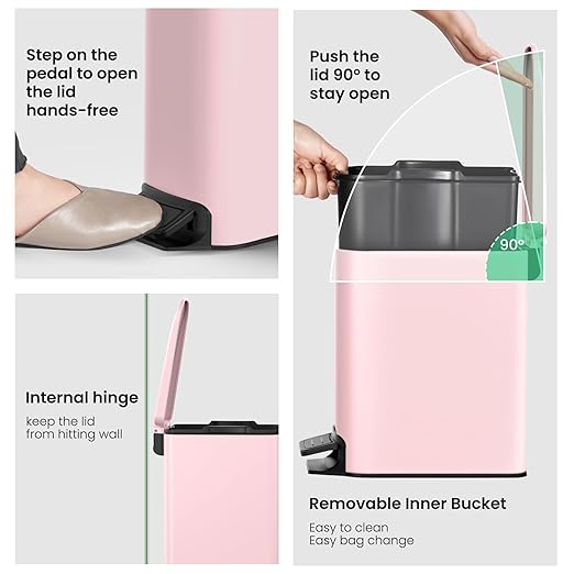 Cesun Small Bathroom Trash Can with Lid Soft Close, Step Pedal, 6 Liter / 1.6 Gallon Stainless Steel Garbage Can with Removable Inner Bucket, Anti-Fingerprint Finish (Pink) - Image 5