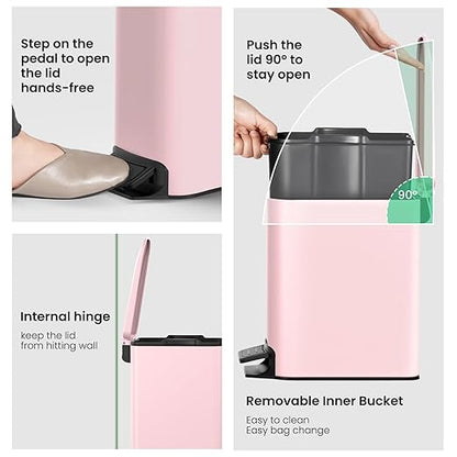 Cesun Small Bathroom Trash Can with Lid Soft Close, Step Pedal, 6 Liter / 1.6 Gallon Stainless Steel Garbage Can with Removable Inner Bucket, Anti-Fingerprint Finish (Pink) - Image 5