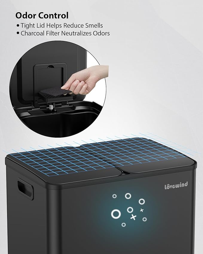Lovewind Kitchen Trash Can, 2 x 8 Gallon (2 x 30 L) Stainless Steel Trash and Recycle Bin Combo with Soft-Close Lid, Dual Compartment Recycling Kitchen Step Trash Bin, Black - Image 7