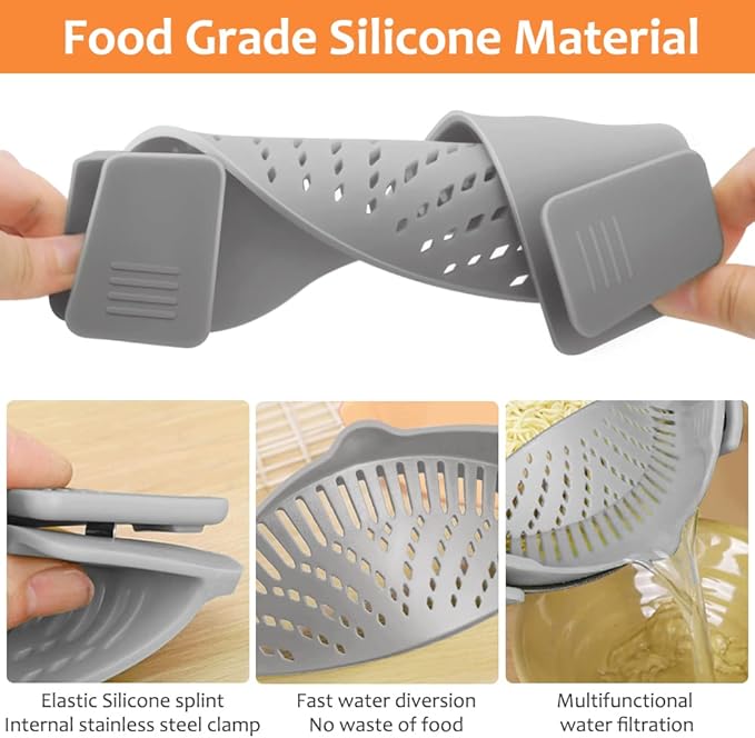 YEVIOR Clip on Strainer for All Pots Pan,Silicone Pasta Strainer Kitchen Gadgets,Collapsible Colander for Noodle,Vegetables,Fruit,Spaghetti (Grey) - Image 4
