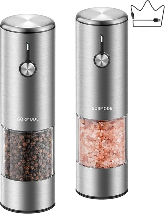 Electric Salt and Pepper Grinder Set, USB Rechargeable Automatic Pepper Mill, Large Capacity with Dual LED Light, One-Handed Operation, Slide Cover, Brushed Stainless Steel by GORMODEOfficial