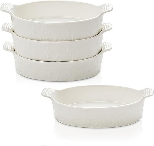 TONGDAHE Oval Au Gratin Baking Dishes Set of 4 9" x 5" 19 oz Classic white Ceramic Oven Safe & Heat Resistant With Handles for Small Mini Casseroles Cooking & Serving