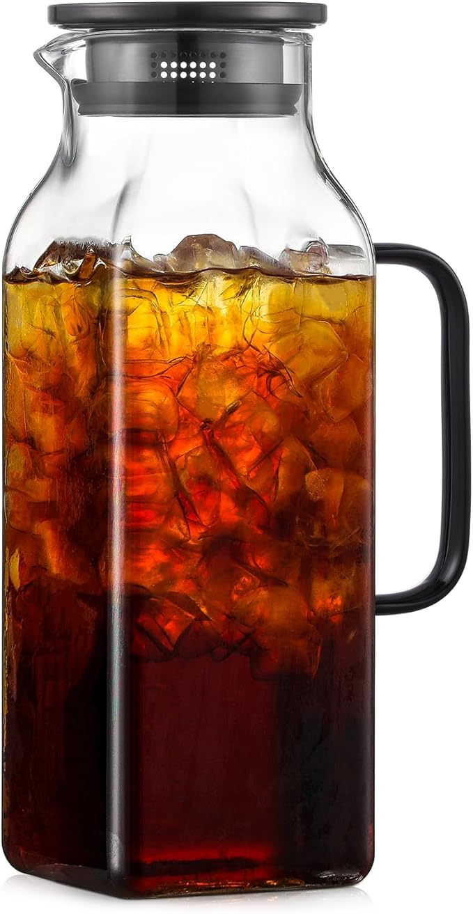 2 Quart (2 Liter 68 oz) Square Glass Pitcher with Lid and Spout, Water Pitchers with Handle for Fridge, Borosilicate Glass Carafe for Hot/Cold Drink, Large Jug for Iced Tea, Coffee, Beverage, Black by NETANY