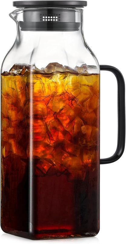 2 Quart (2 Liter 68 oz) Square Glass Pitcher with Lid and Spout, Water Pitchers with Handle for Fridge, Borosilicate Glass Carafe for Hot/Cold Drink, Large Jug for Iced Tea, Coffee, Beverage, Black by NETANY