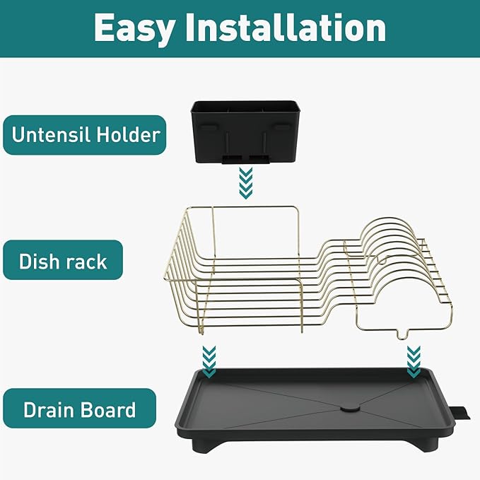 Buruis Dish Drying Rack for Kitchen Countertop, Large Capacity Gold Stainless Steel Dish Drainer with Anti-Slip Rubber Feet, Removable Drain Board and Utensil Holder (Black Tray) - Image 8