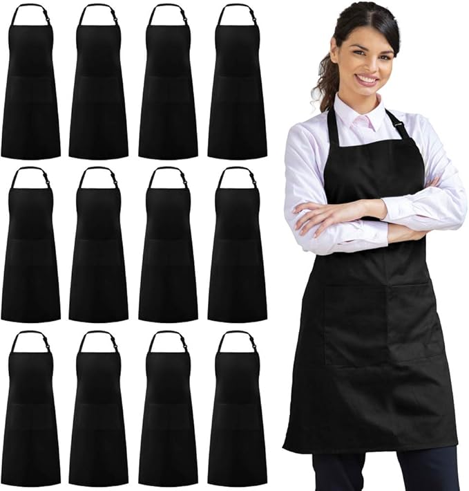 Syntus 12 Pack Bib Apron, Unisex Aprons Adjustable 100% Cotton with 2 Pockets Cooking Kitchen Aprons for Women Men Chef, BBQ Drawing Apron Bulk, Black by Syntus
