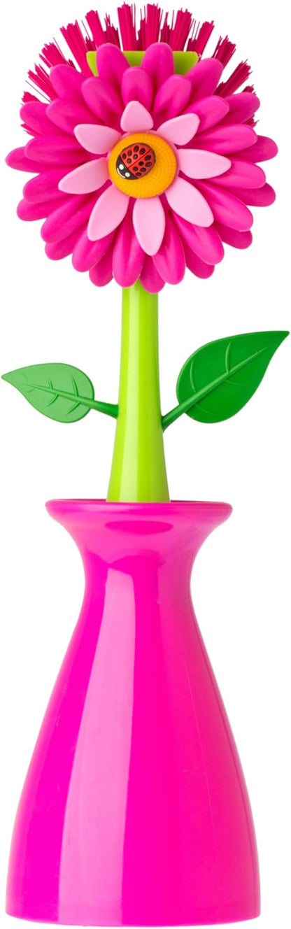 Vigar Flower Power Dish Brush with Handle and Vase Dish Brush Holder, Kitchen Scrub Brush for Pot Scrubber, Dishes, and Sink Cleaning, Pink, Green by VIGAR