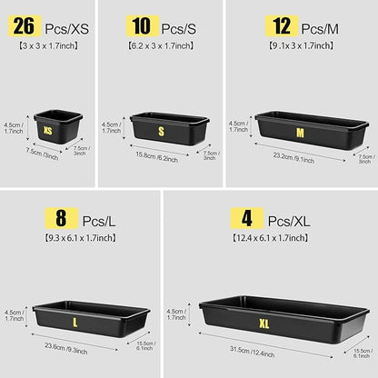 60PCS Tool Box Organizer Tray Divider, More Large Sizes-5 Sizes Desk Drawer Organizers Garage Tool Organizer and Storage, Black Plastic Tray Organizer Bins for Home Office Supplies and Tools
