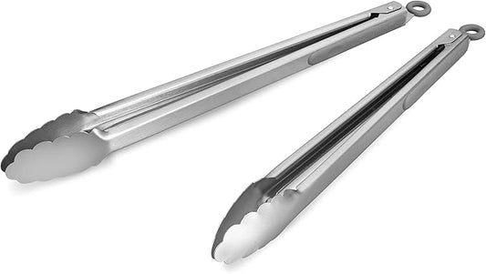304 Stainless Steel Kitchen Cooking Tongs, 14" and 16" Set of 2 Sturdy Grilling Barbeque Brushed Locking Food Tongs with Ergonomic Grip, Grey by ALLWIN-HOUSEWARE
