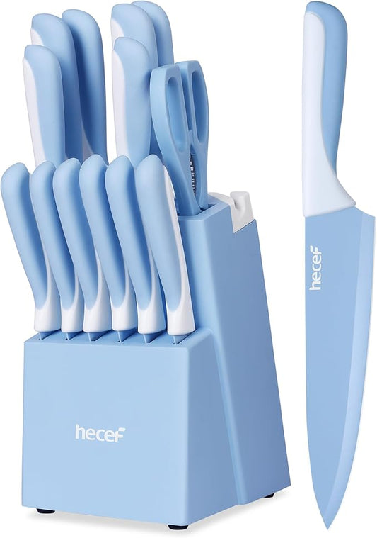 hecef 15 Pieces Kitchen Knife Set with Built-in Sharpening Wooden Block, Dishwasher Safe, High Carbon Stainless Steel Knife Block Set with Steak Knives, Kitchen Scissors, Blue