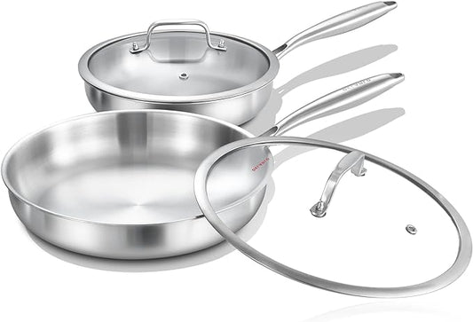 DELARLO Tri-ply Stainless Steel Frying Pan Set with Lid 8" 12" Induction large Skillets Chef's Pan,Pots and Pans Set Kitchen Cookware Set Suitable for All Stove by DELARLOCOOKWARE