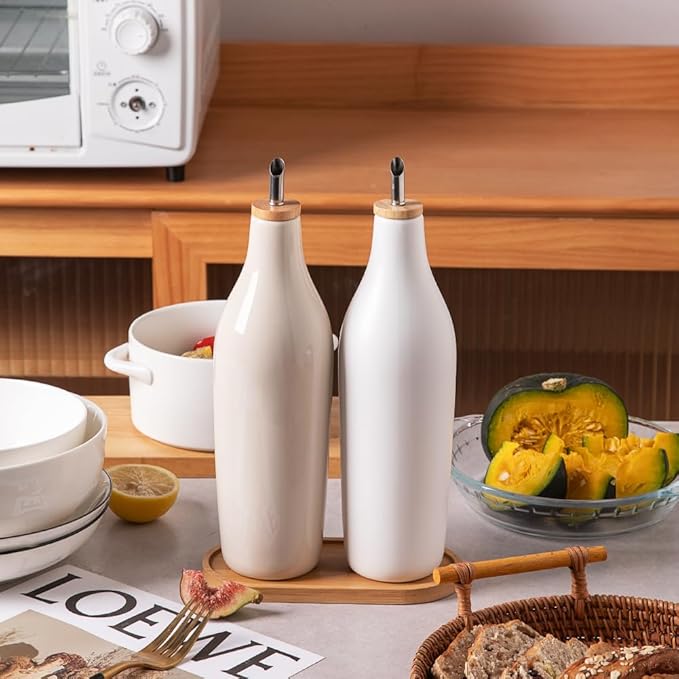Sweejar Matte Ceramic Olive Oil Dispenser Bottle with Spout, 17 Oz Oil Dispenser for Kitchen Counter, Opaque Oil Cruet for EVOO, Vinegar, Avocado Oil Container for Cooking, Pack of 1 (Beige) - Image 2