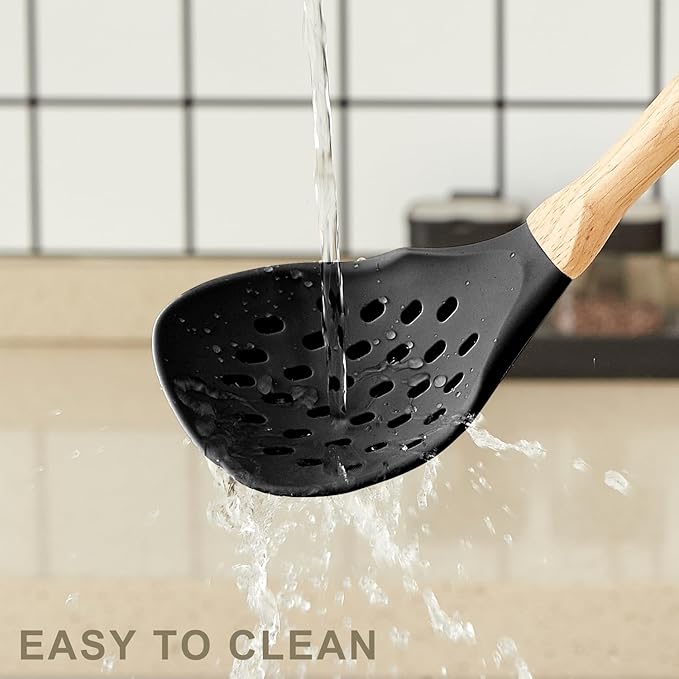 Kitchen Utensils Set - 34 PCS Non-Stick Silicone Cooking Utensils Set Spatula Set with Holder, Wooden Handle Spoon,Brush,Whisk Kitchen Gadgets Tools Set for Nonstick Cookware (Black-34P) - Image 4