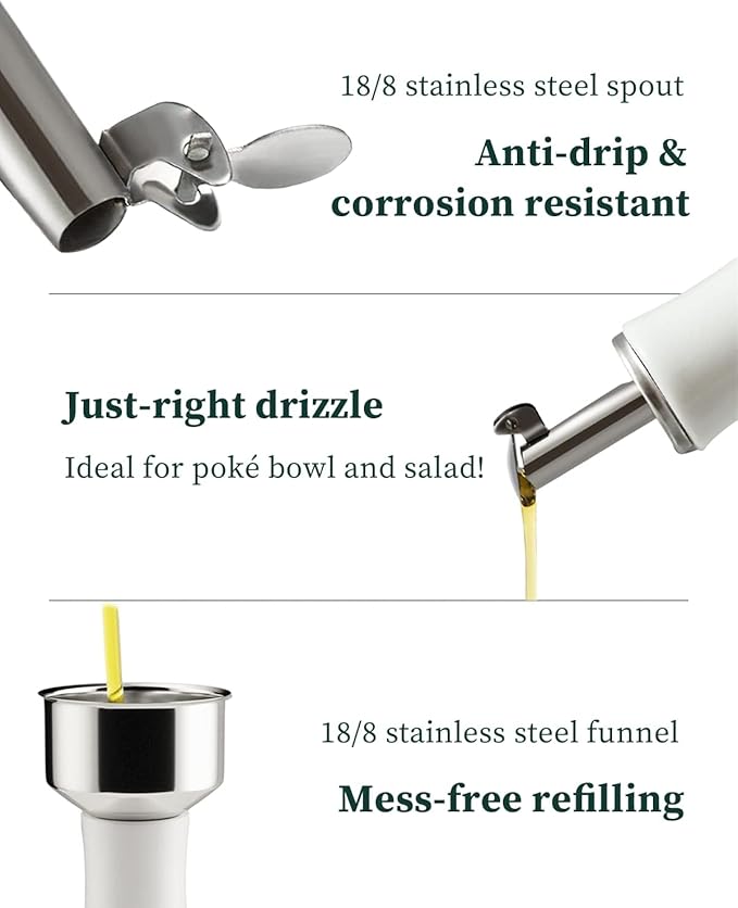 HOMBENE Ceramic Oil & Vinegar Dispenser Set, 12 oz/350ml, 2 Pack, Dripless Spout, Porcelain, Reusable, Cooking