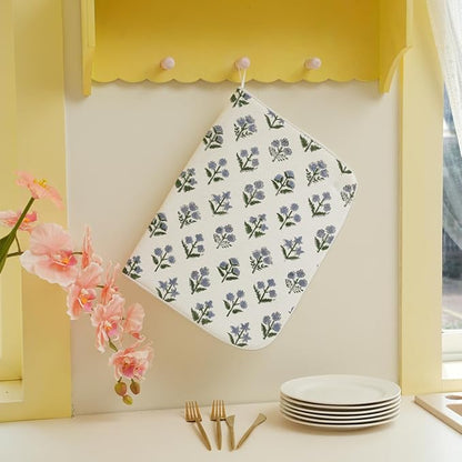 Vintage Blue Sage Green Floral Dish Drying Mat 18 x 24 Inch Block Print Floral Drying Mat for Kitchen Counter Absorbent Boho Flowers Dishes Dry Pad for Drainer Rack Kitchen Fast Dry