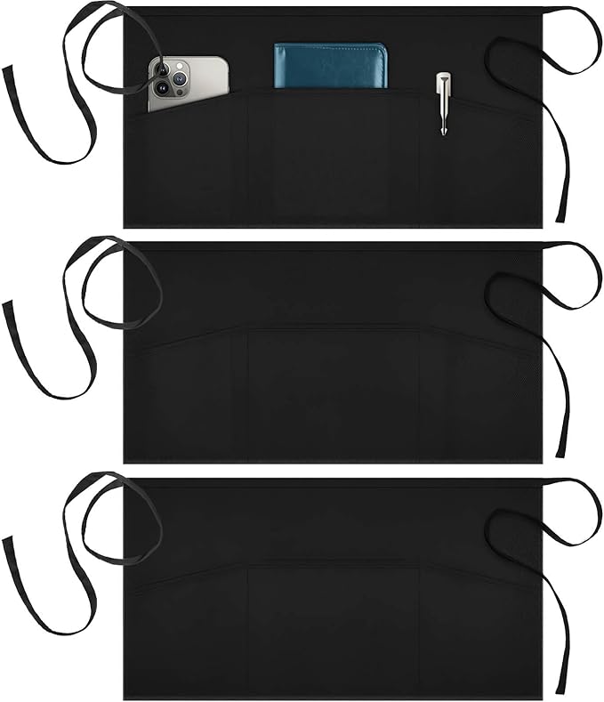 Syntus 3 Pack Server Aprons with 3 Pockets, 100% Cotton Waitress Waiter Waist Apron, 11.5-inch Black by Syntus