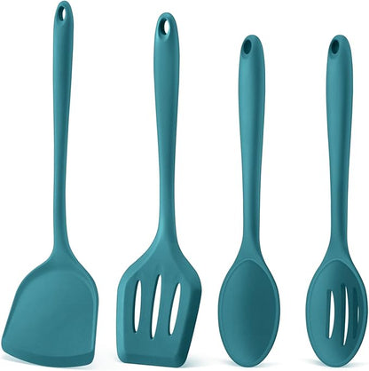 P&P CHEF Kitchen Utensil Set, 4 Pieces Non-stick Silicone Cooking Utensils, Heat-resistant Slotted Solid Spoon Turner for Frying, Mixing, Serving, Non-toxic & Easy to Clean, Blue by PPCHEF