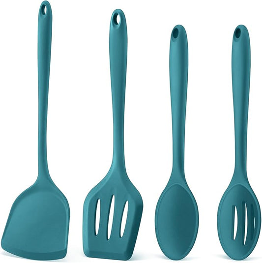 P&P CHEF Kitchen Utensil Set, 4 Pieces Non-stick Silicone Cooking Utensils, Heat-resistant Slotted Solid Spoon Turner for Frying, Mixing, Serving, Non-toxic & Easy to Clean, Blue by PPCHEF