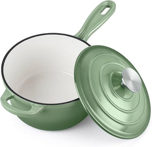 Homikit 1 Quart Saucepan with Lid, Enameled Cast Iron Small Sauce Pan Cooking Pot for Soup, Milk, Pasta, Nonstick Enamel Dutch Oven for All Cooktops, Heat Resistant Up to 500°F, Sage Green