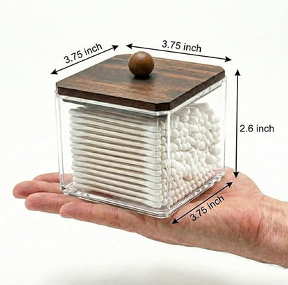 SheeChung Qtip Holder for Bathroom - Walnut Wood Lid Acrylic Cotton Swab Dispenser, Clear Apothecary Jar for Cotton Balls, Pads, Flossers, Farmhouse Vanity Storage Organizer (1 pack)