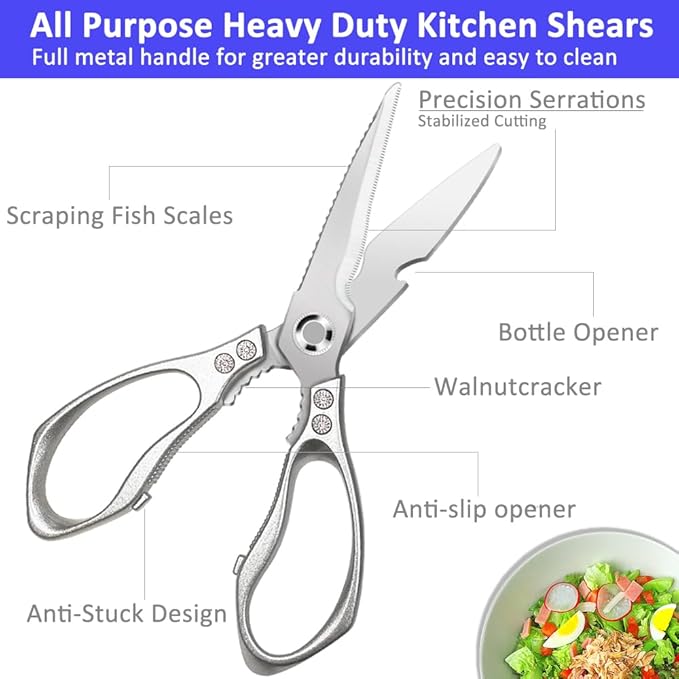 All Purpose Heavy Duty Shears, 2-Pack Kitchen Scissors for Food, Metal Handle Stainless Steel Cooking Scissors for Kitchen, Chicken, Fish, Meat, Poultry, Herbs (Silver)