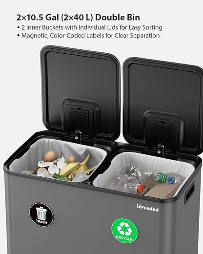 Lovewind Trash Can, 2 x 10.5 Gallon (2 x 40 L) Garbage Can for Kitchen Dual Compartment Recycling Kitchen Step Trash Bin, Stainless Steel Trash and Recycle Bin Combo with Soft-Close Lid, Grey - Image 3