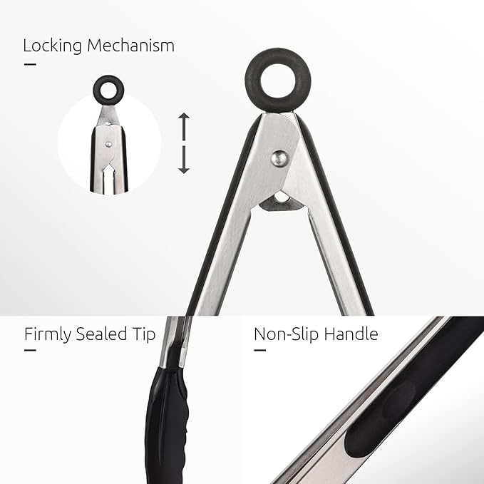 Kitchen Tongs, U-Taste 7/9/12 inches Cooking Tongs, with 600ºF High Heat-Resistant Non-Stick Silicone Tips, 18/8 Stainless Steel Handle, for Food Grill, Salad, BBQ, Frying, Serving, Pack of 3(Black) - Image 6