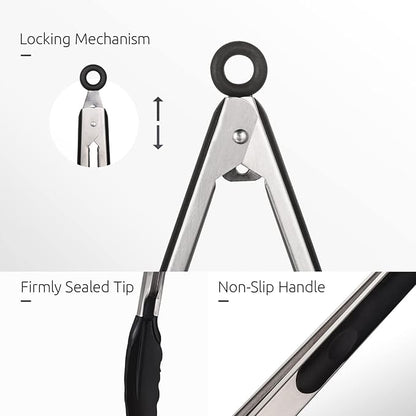 Kitchen Tongs, U-Taste 7/9/12 inches Cooking Tongs, with 600ºF High Heat-Resistant Non-Stick Silicone Tips, 18/8 Stainless Steel Handle, for Food Grill, Salad, BBQ, Frying, Serving, Pack of 3(Black) - Image 6