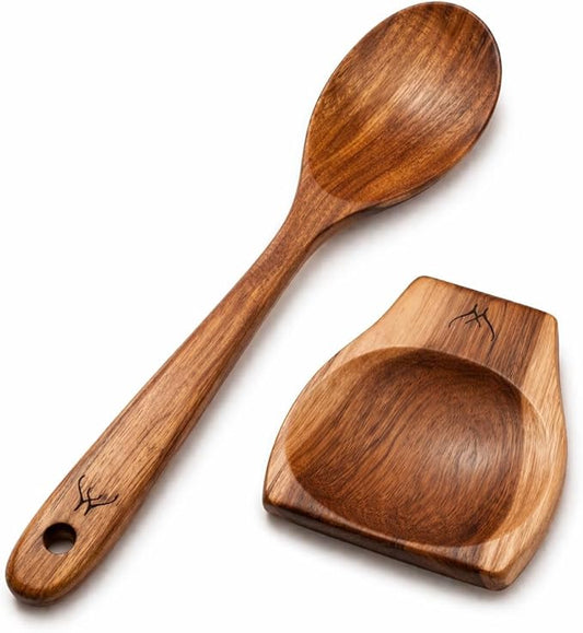 Teak Wooden Spoon for Cooking With Teak Spoon Rest - Made of Premium Natural Teak Wood by WOODLANDSUSA