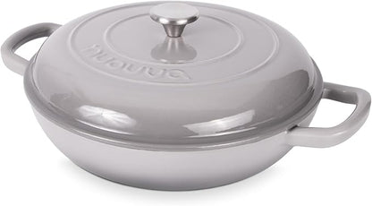 Shallow Cast Iron Casserole with Lid – Non Stick Dutch Oven Pot, Oven Safe up to 500° F – Sturdy Ovenproof Stockpot Cookware – Enamelled Cooking Pot – Grey, 3.7-Quart, 30cm – by Nuovva
