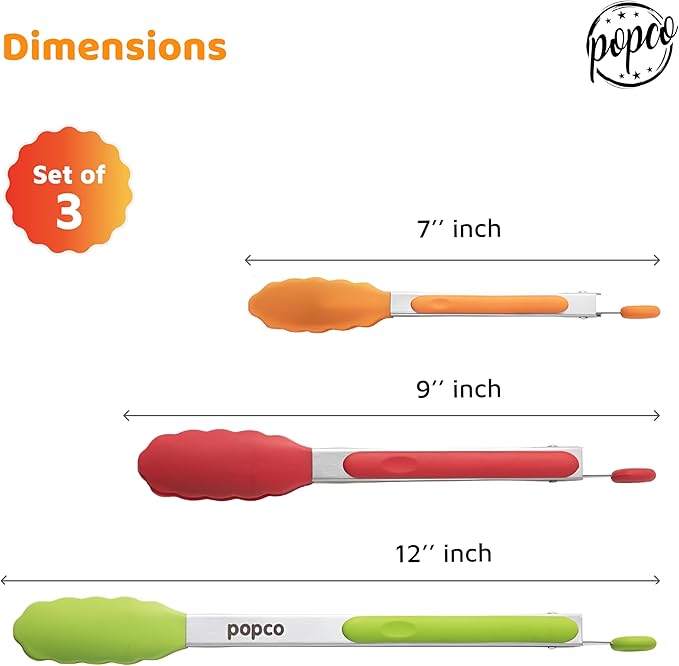 Popco 3 Piece Kitchen Tongs Set 7, 9, 12 Inch - Stainless Steel Nonstick Tongs with Silicone Tips - Heat Resistant and Dishwasher Safe for Cooking, Grilling, Salad, and Everyday Serving - Image 3
