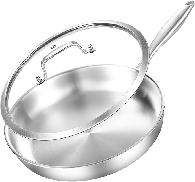 DELARLO Stainless Steel Pan 10.3Inch, Tri-ply Stainless Steel Frying Pan with Lid, Heavy Duty, Compatible with All Cooktop, up to 650℉, Fast & Even Heating, PTFE & PFOA Free, Oven Safe Skillet