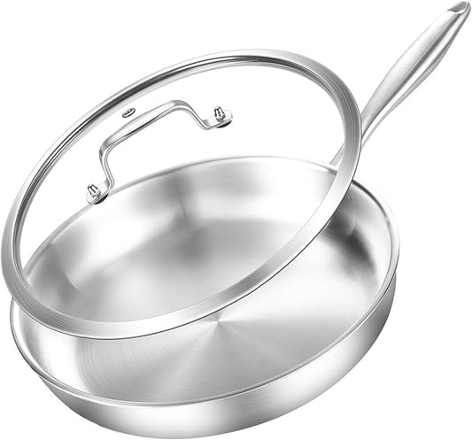 DELARLO Stainless Steel Pan 10.3Inch, Tri-ply Stainless Steel Frying Pan with Lid, Heavy Duty, Compatible with All Cooktop, up to 650℉, Fast & Even Heating, PTFE & PFOA Free, Oven Safe Skillet