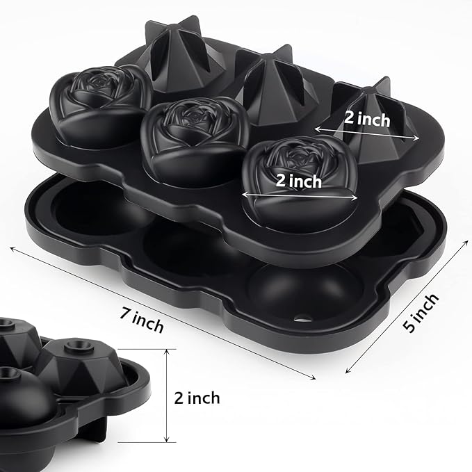 Ice Cube Tray, Mikiwon 2 inch Rose Ice Cube Trays With Covers, 3 Cavity Silicone Rose Ice Tray & 3 Diamond Ice Ball Maker, Easy Release Large Ice Cube Form for Chilled Cocktails, Whiskey Juice Black