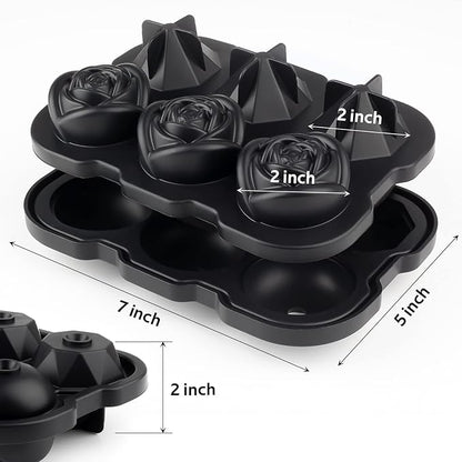 Ice Cube Tray, Mikiwon 2 inch Rose Ice Cube Trays With Covers, 3 Cavity Silicone Rose Ice Tray & 3 Diamond Ice Ball Maker, Easy Release Large Ice Cube Form for Chilled Cocktails, Whiskey Juice Black
