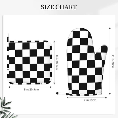 Black White Check Plaid Oven Mitts and Pot Holders Sets Silicone Black and White Checkered Plaid Kitchen Mitts Potholders Heat Resistant 4Pcs Oven Gloves Hot Pads for Cooking Grilling