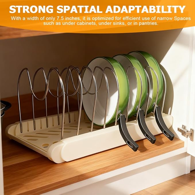 Expandable Pot and Pan Organizer Rack for Kitchen Cabinet or Under Sink,with 10 Adjustable Compartment 13"-23" Adjustable Length for Lids Bakeware Frying Rack and Cookware(COLOR:White)