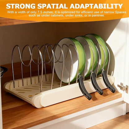 Expandable Pot and Pan Organizer Rack for Kitchen Cabinet or Under Sink,with 10 Adjustable Compartment 13"-23" Adjustable Length for Lids Bakeware Frying Rack and Cookware(COLOR:White)